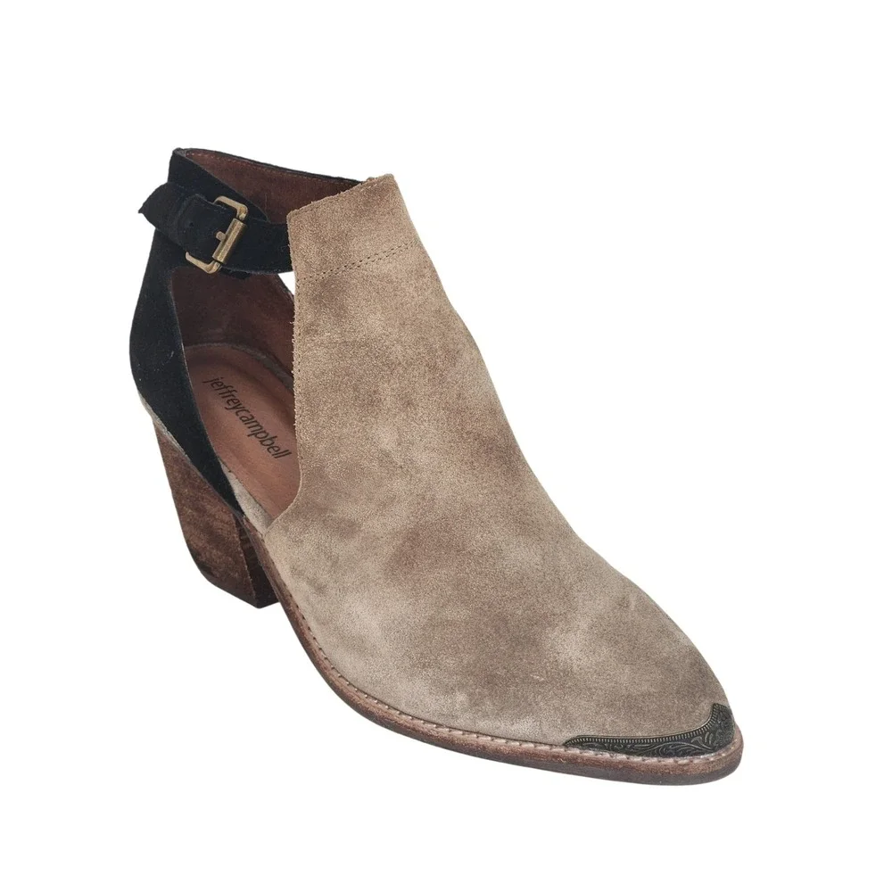 Jeffrey Campbell Woodruff Suede Cutout Ankle Boots Taupe Brass Hardware Size 8.5